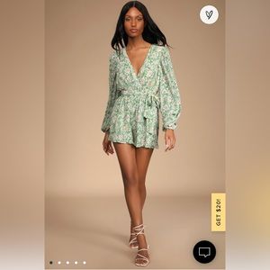 Lulus Long Sleeve Green Floral Pleated Romper NWT - New with Tags
